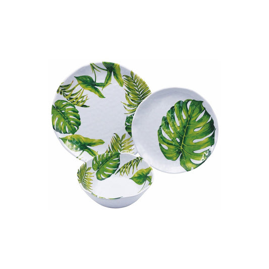 Round Green Leaves Melamine Dinnerware - 12 pieces - Fraciel