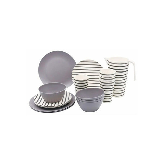Round Gray Stripes Melamine Dinnerware - 17 pieces - Fraciel