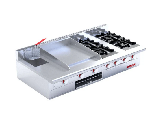 MULTICHEF MASTER MESA PREMIUM CORIAT Estufa a gas, con 4 quemadores, 1 plancha, 1 gratinador, 1 freidora 3 lt y 1 horno